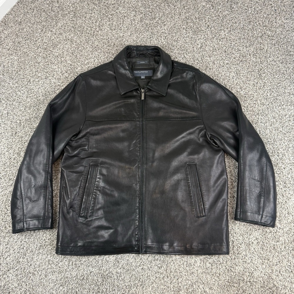 Perry Ellis Leather Jacket Mens XL Black Lambskin Thinsulate Quilted Bomber Moto